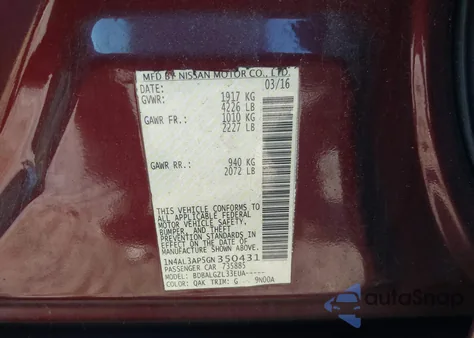 2016 Nissan Altima 2.5/2.5 S/2.5 Sl/2.5 Sr/2.5 Sv from USA, damaged, VIN 1N4AL3AP5GN350431